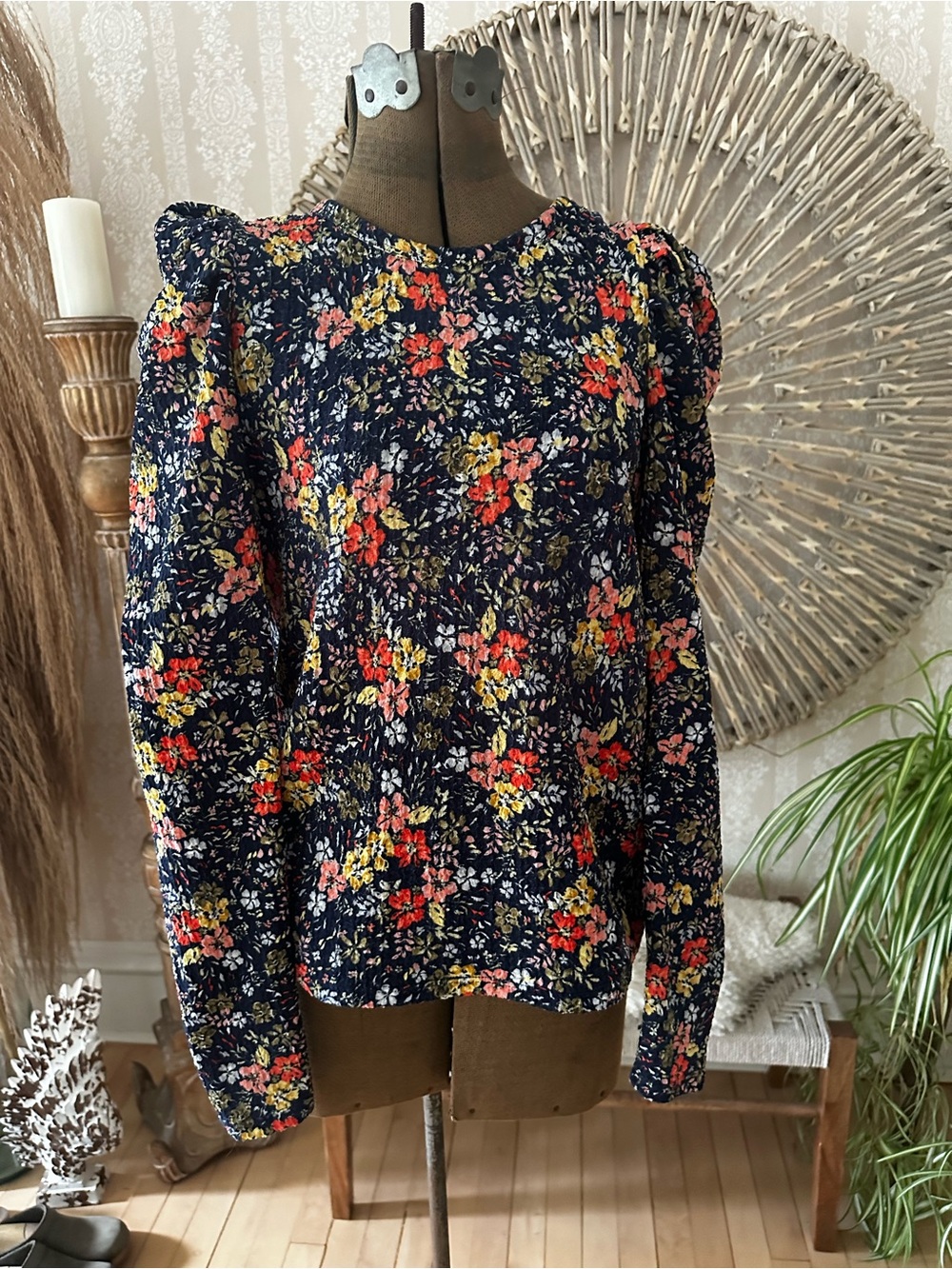 LOFT Navy Floral Puff-Sleeve Long Sleeve Top